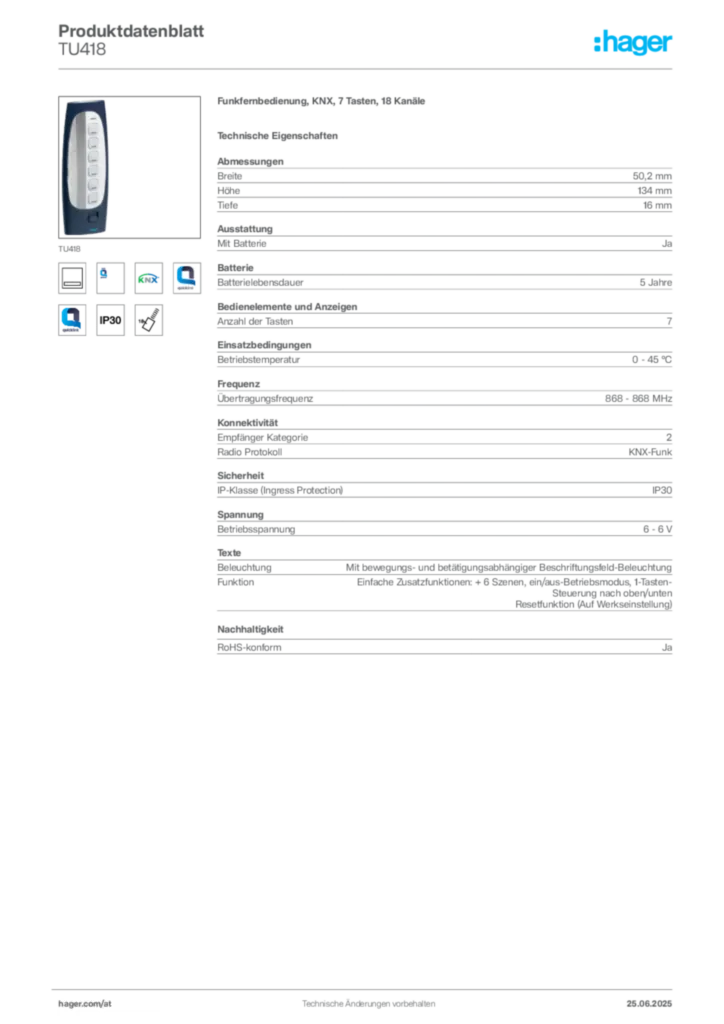 Bild Hager Produktdatenblatt TU418 | Hager Deutschland