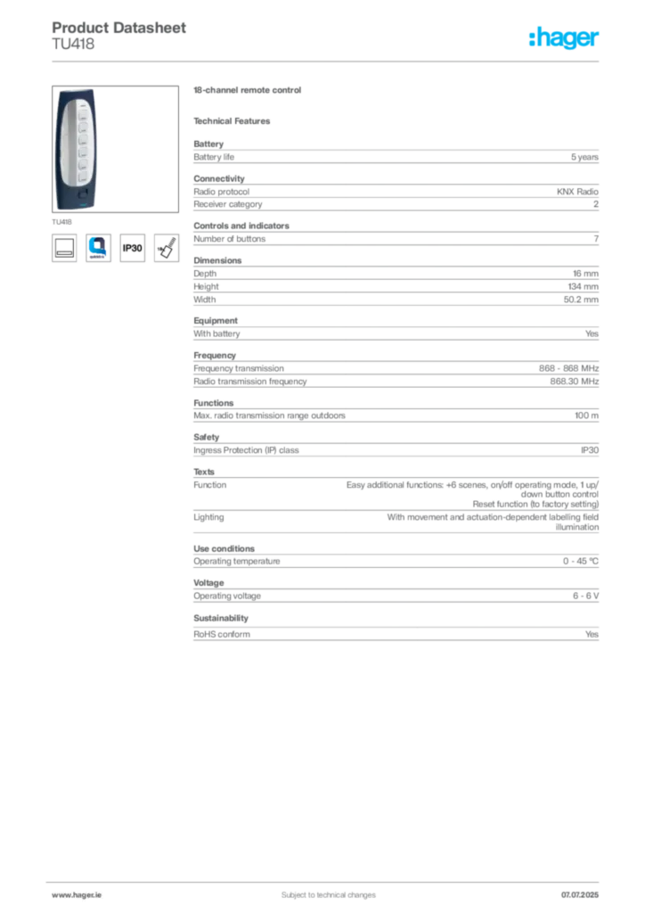 Image Hager Product data sheet TU418  | Hager