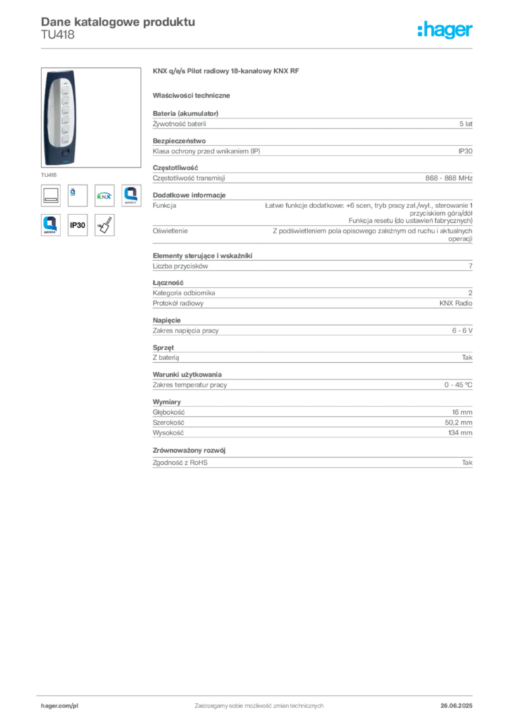 Zdjęcie Hager Dane katalogowe produktu TU418 | Hager Polska