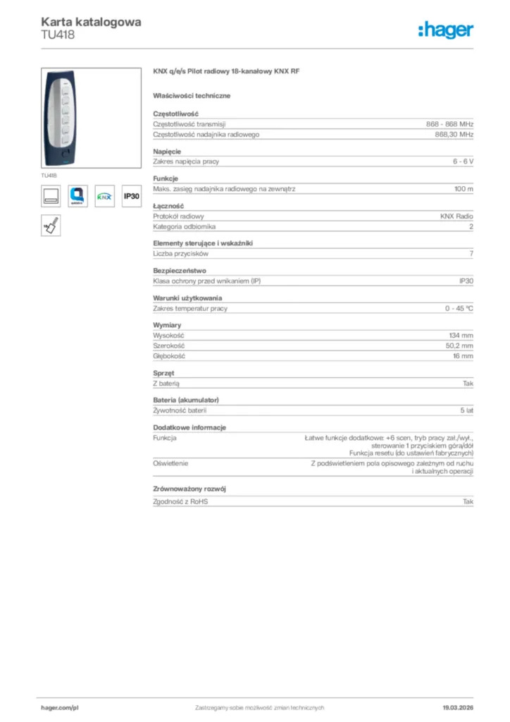 Zdjęcie Hager Karta katalogowa TU418 | Hager Polska