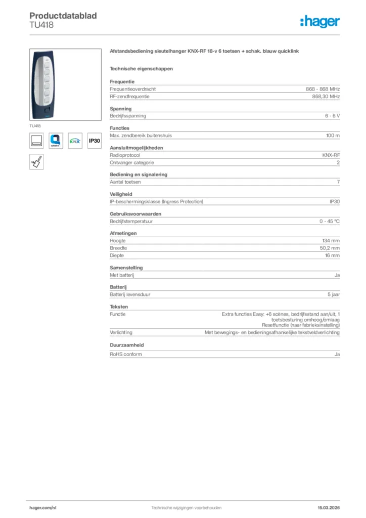 Afbeelding Hager Productdatablad TU418 | Hager Nederland