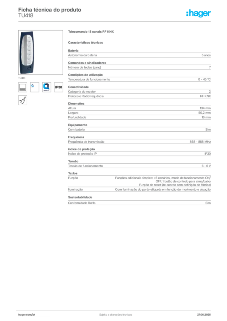 Imagem Hager Ficha técnica do produto TU418 | Hager Portugal