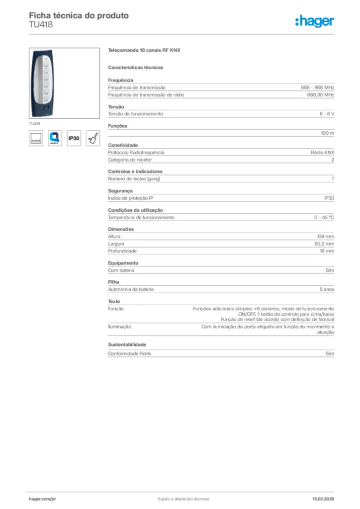 Imagem Hager Ficha técnica do produto TU418 | Hager Portugal