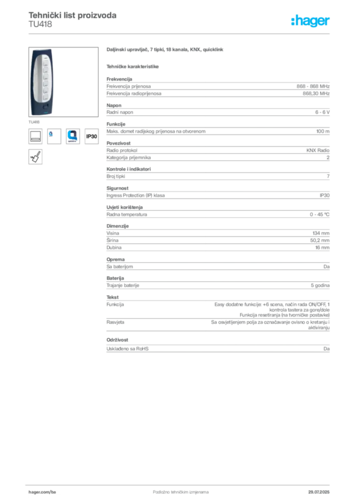 Slika Hager Product data sheet TU418  | Hager
