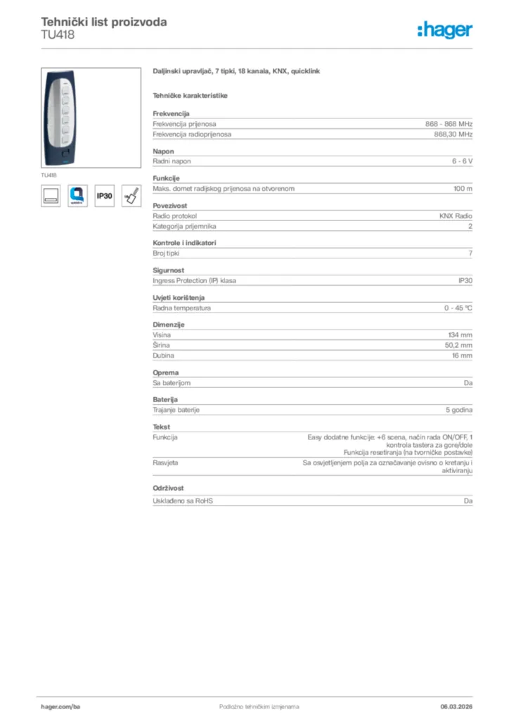 Slika Hager Tehnički list proizvoda TU418  | Hager