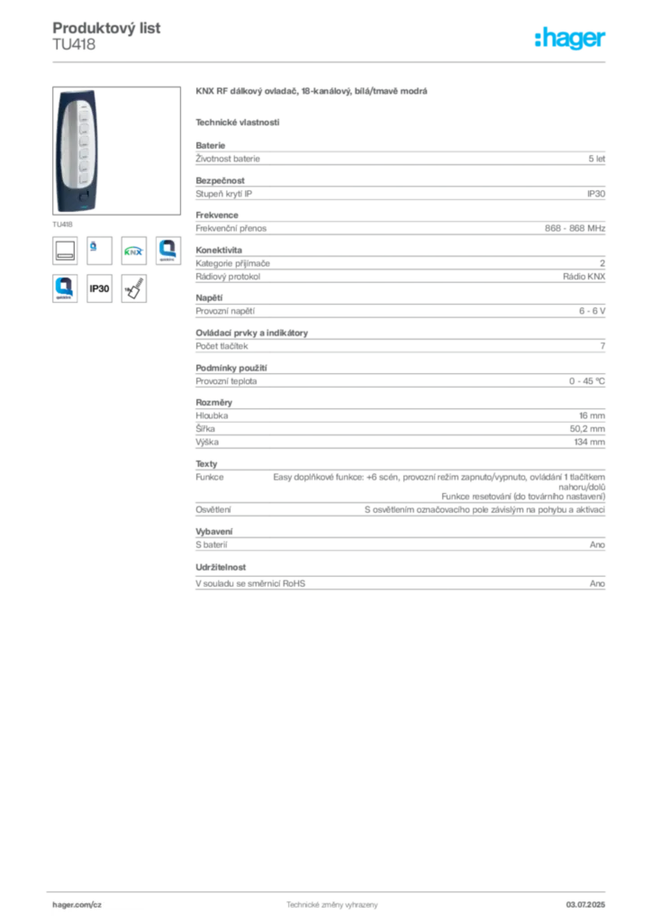 Obrázek Hager Produktový list TU418 | Hager