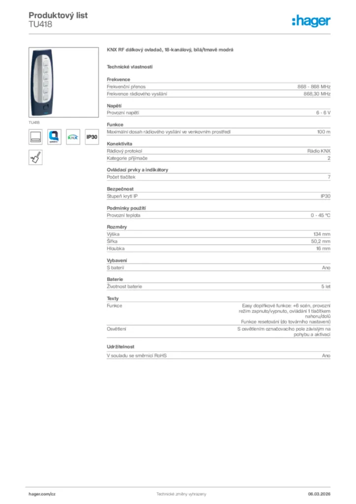 Obrázek Hager Product data sheet TU418 | Hager