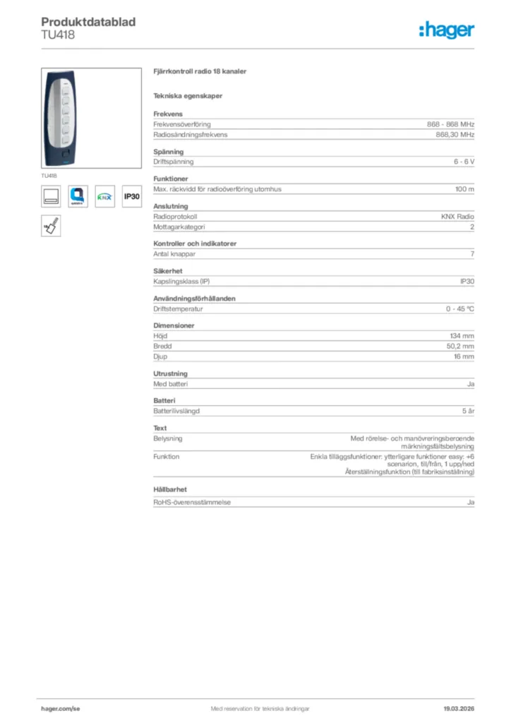 Bild Hager Produktdatablad TU418 | Hager Sverige