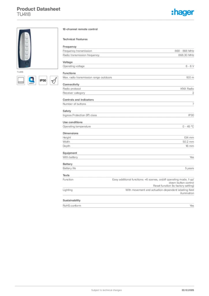 Image Hager Product data sheet TU418  | Hager