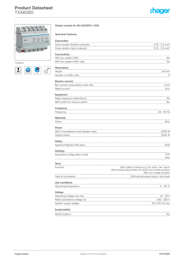 Image Hager Product data sheet TXA608D  | Hager Australia
