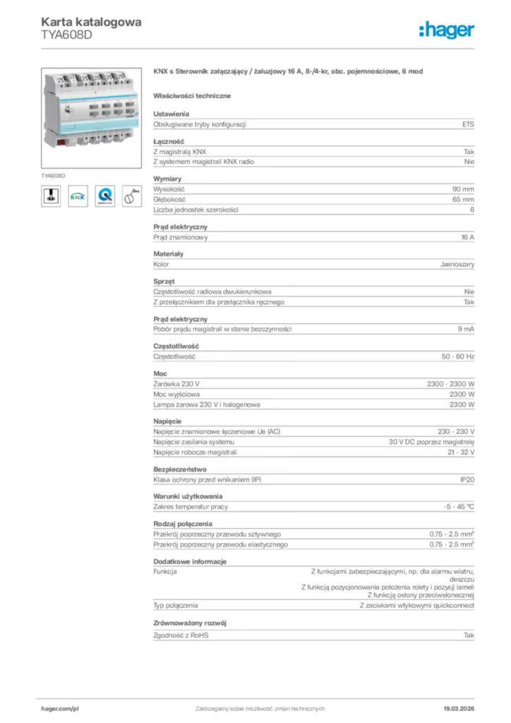 Zdjęcie Hager Karta katalogowa TYA608D | Hager Polska