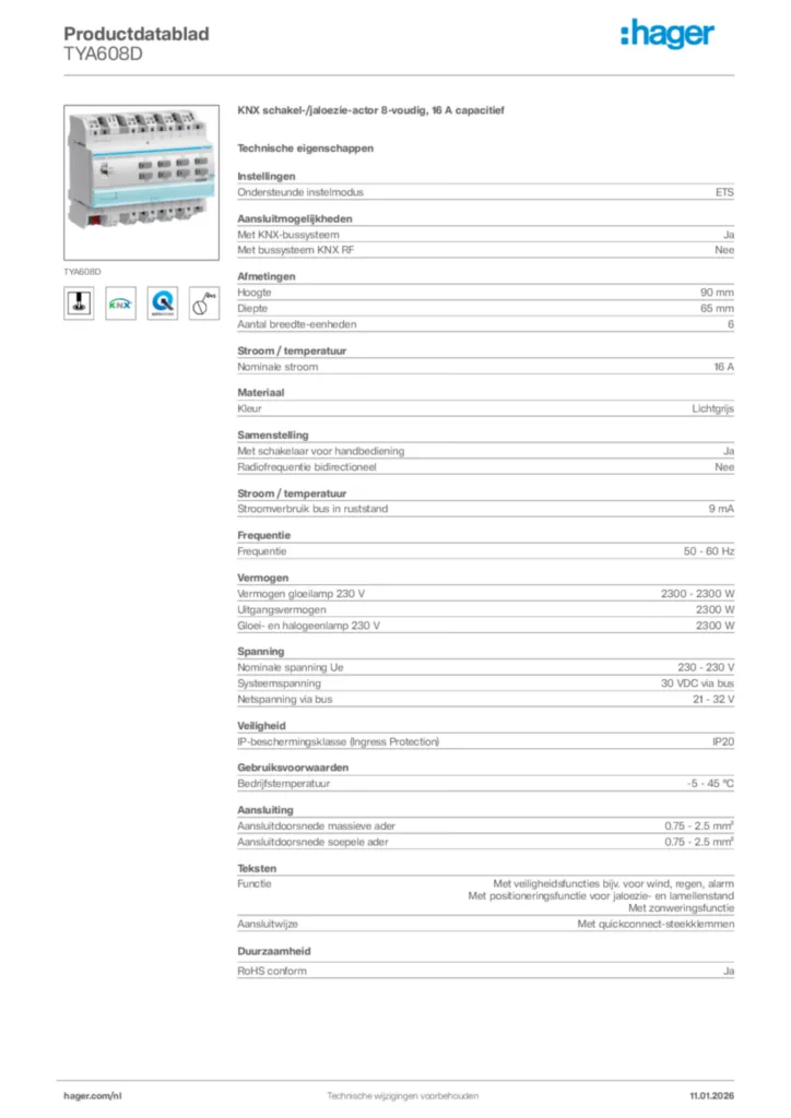 Afbeelding Hager Productdatablad TYA608D | Hager Nederland