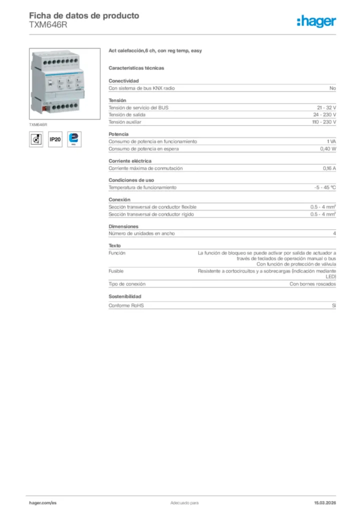 Imagen Hager Ficha de datos de producto TXM646R | Hager España