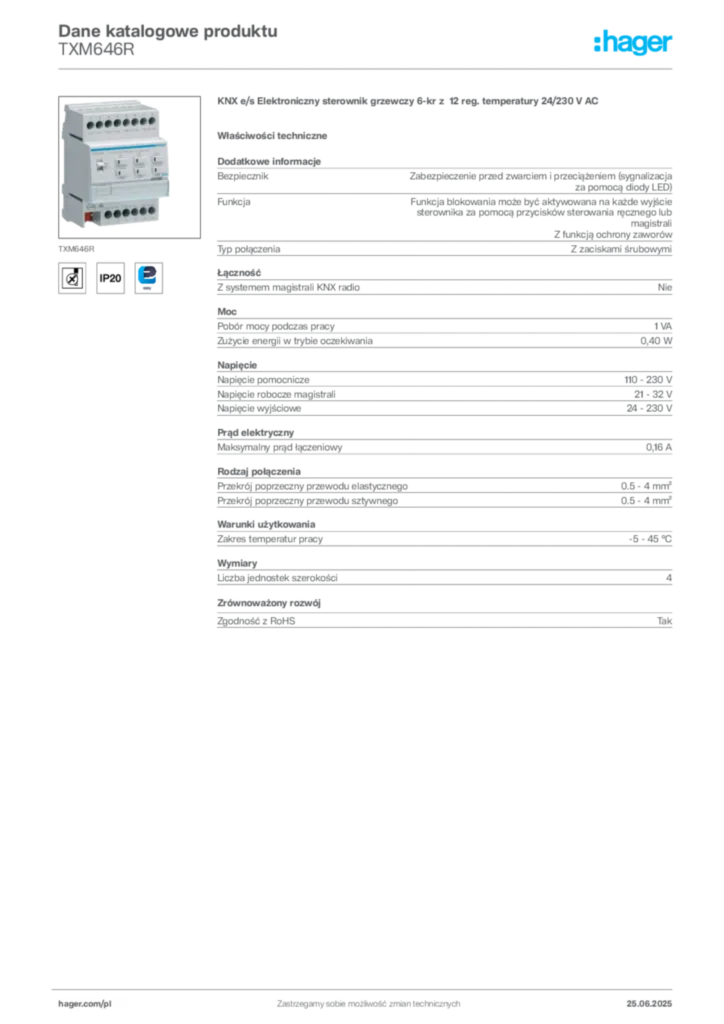 Zdjęcie Hager Dane katalogowe produktu TXM646R | Hager Polska