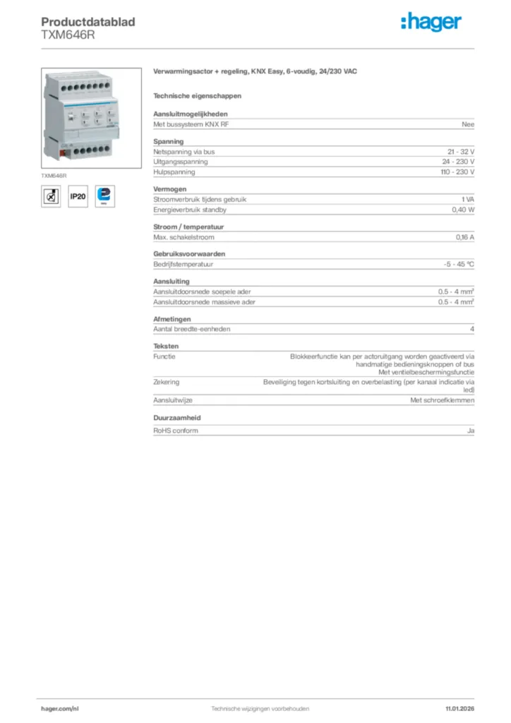 Afbeelding Hager Productdatablad TXM646R | Hager Nederland