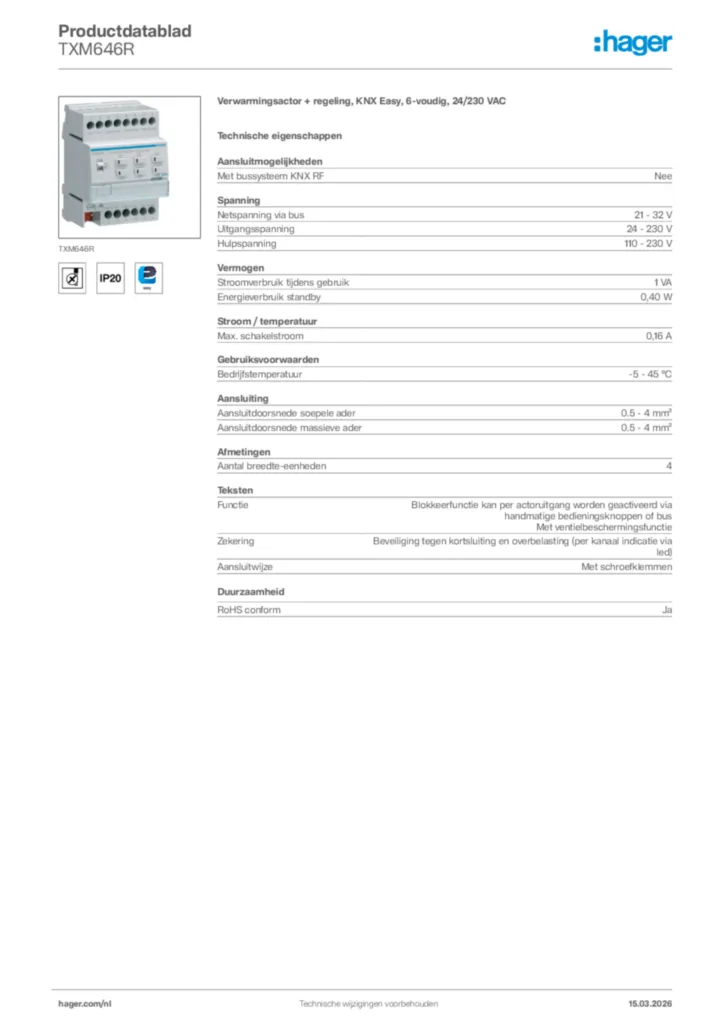 Afbeelding Hager Productdatablad TXM646R | Hager Nederland
