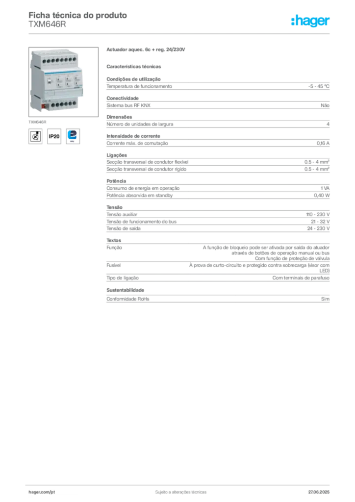 Imagem Hager Ficha técnica do produto TXM646R | Hager Portugal