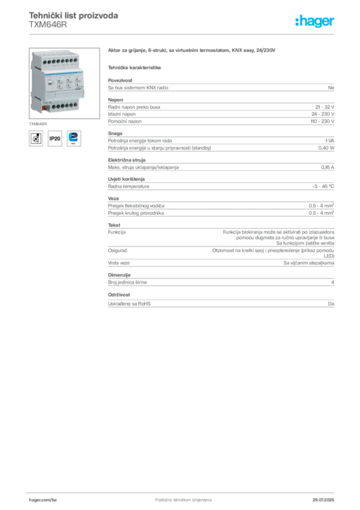 Slika Hager Product data sheet TXM646R  | Hager