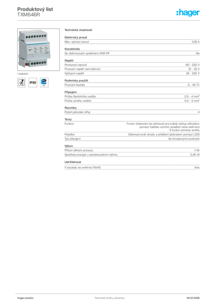 Obrázek Hager Produktový list TXM646R | Hager