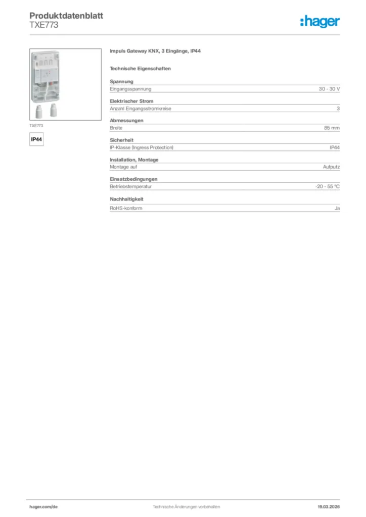 Bild Hager Produktdatenblatt TXE773 | Hager Deutschland