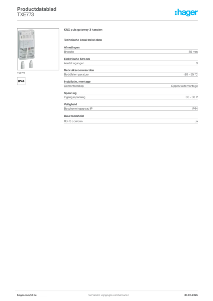 Afbeelding Hager Productdatablad TXE773 | Hager Belgium