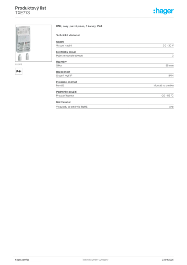 Obrázek Hager Produktový list TXE773 | Hager