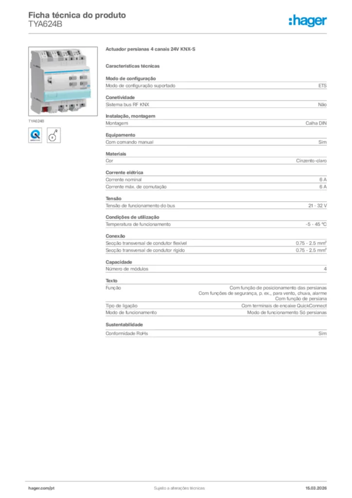 Imagem Hager Ficha técnica do produto TYA624B | Hager Portugal