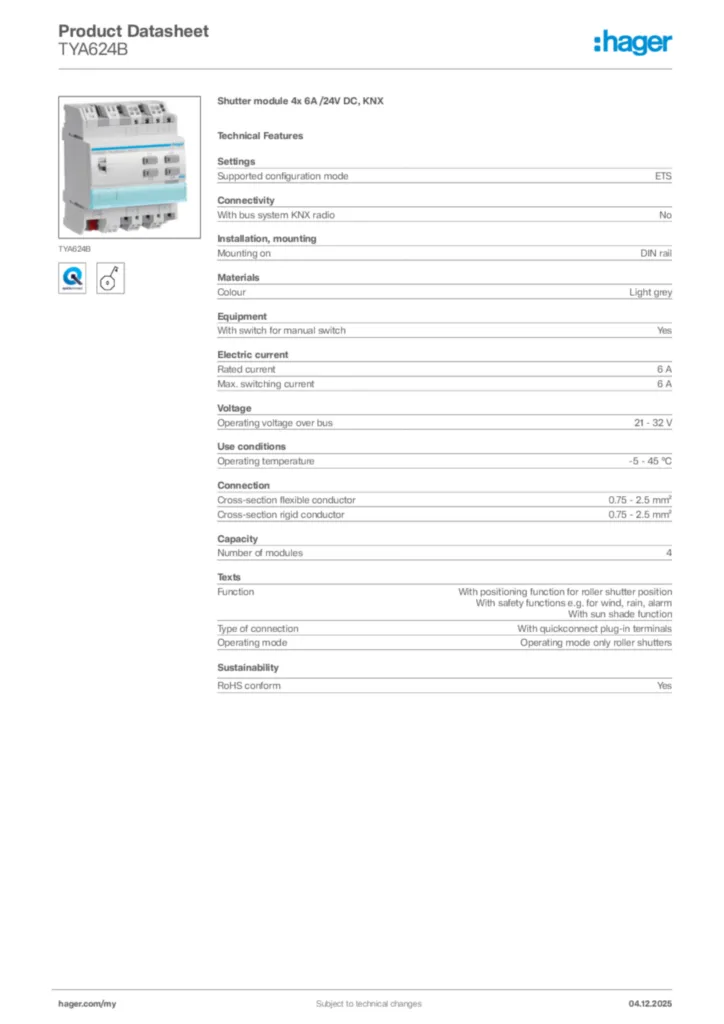 Image Hager Product data sheet TYA624B  | Hager