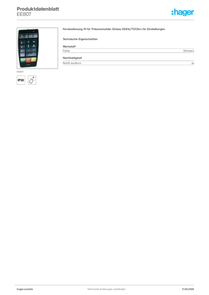 Bild Hager Produktdatenblatt EE807 | Hager Deutschland