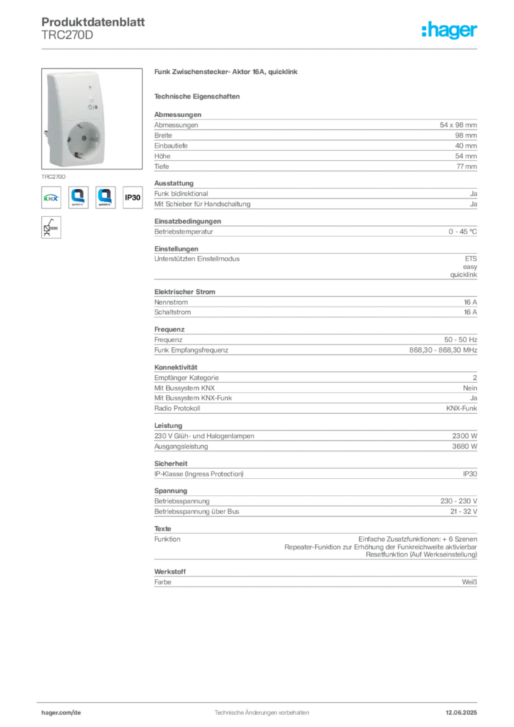 Hager Produktdatenblatt TRC270D