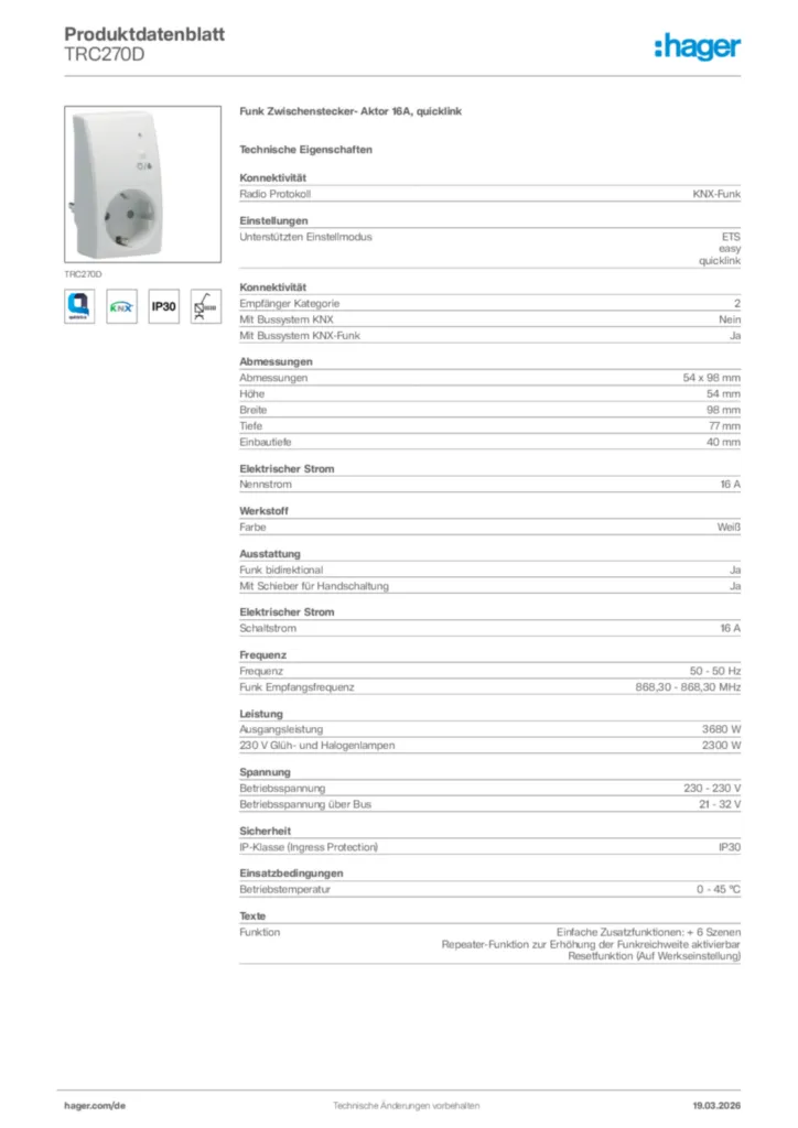 Bild Hager Produktdatenblatt TRC270D | Hager Deutschland