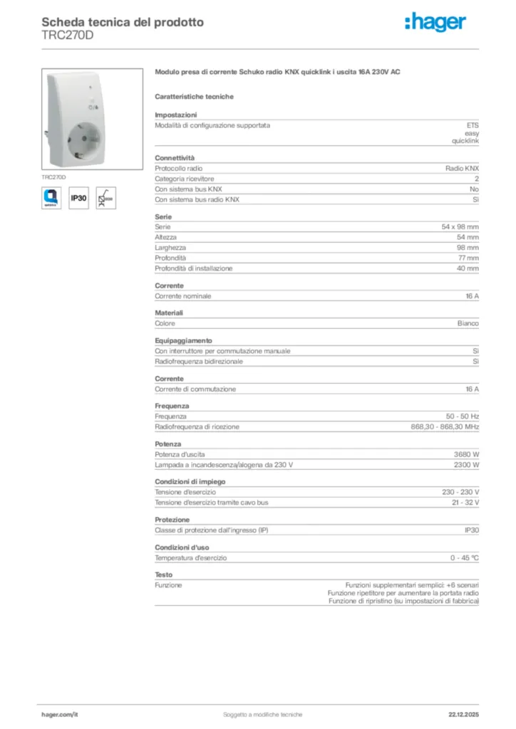 Immagine Hager Scheda tecnica del prodotto TRC270D | Hager Italia