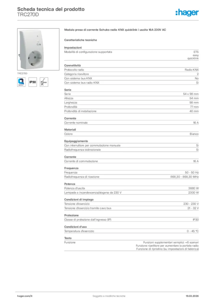Immagine Hager Scheda tecnica del prodotto TRC270D | Hager Italia