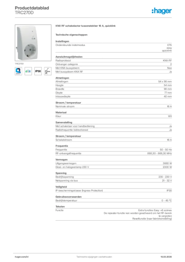 Afbeelding Hager Productdatablad TRC270D | Hager Nederland
