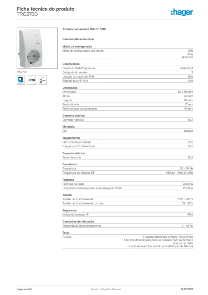 Imagem Hager Ficha técnica do produto TRC270D | Hager Portugal