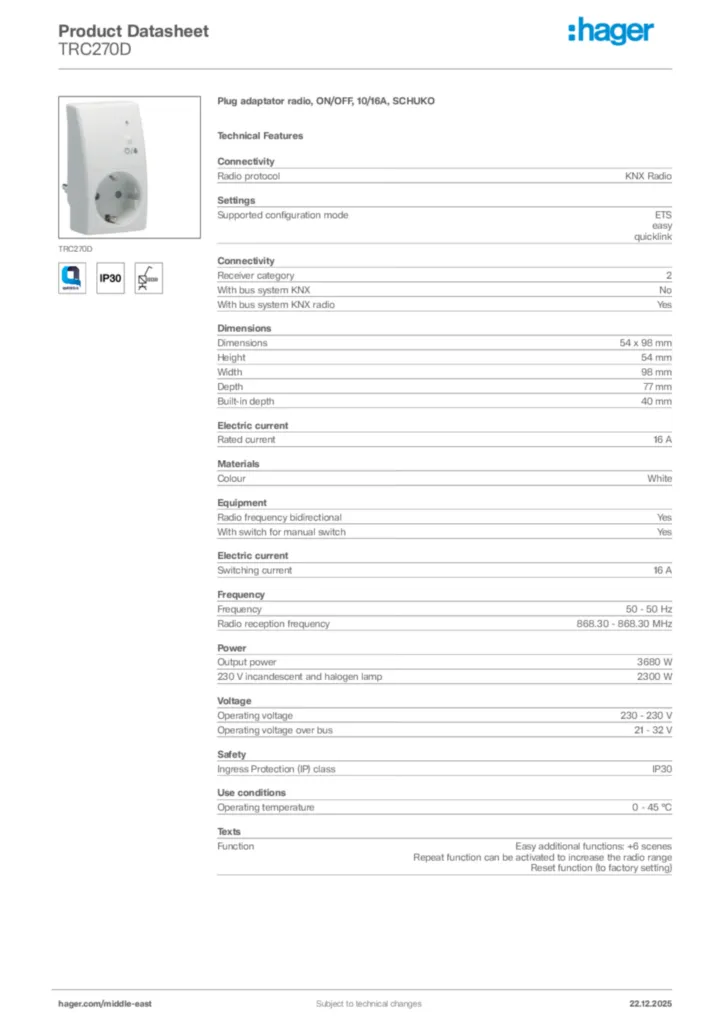 Image Hager Product data sheet TRC270D  | Hager