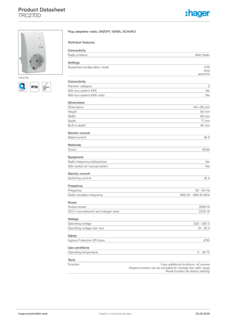 Image Hager Product data sheet TRC270D  | Hager