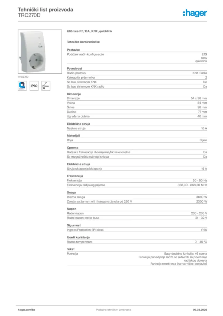 Slika Hager Tehnički list proizvoda TRC270D  | Hager