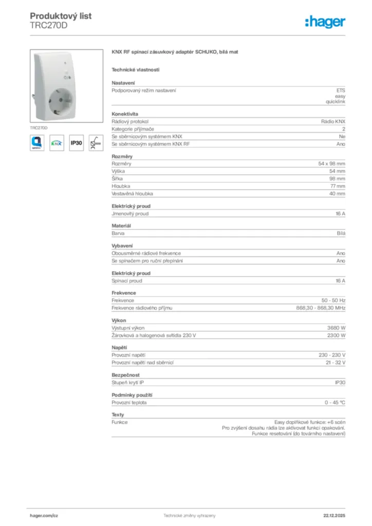 Obrázek Hager Produktový list TRC270D | Hager