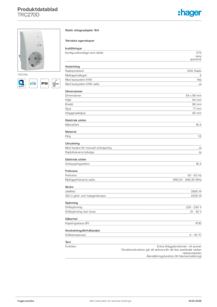 Bild Hager Produktdatablad TRC270D | Hager Sverige