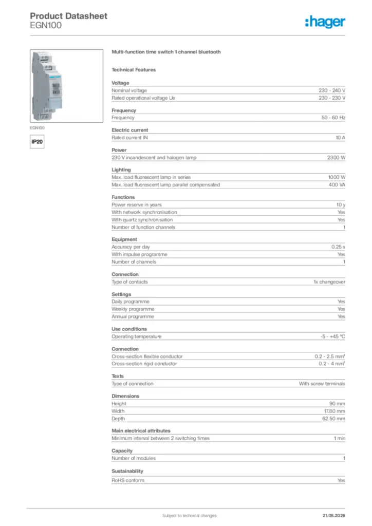 Image Hager Product data sheet EGN100  | Hager Africa