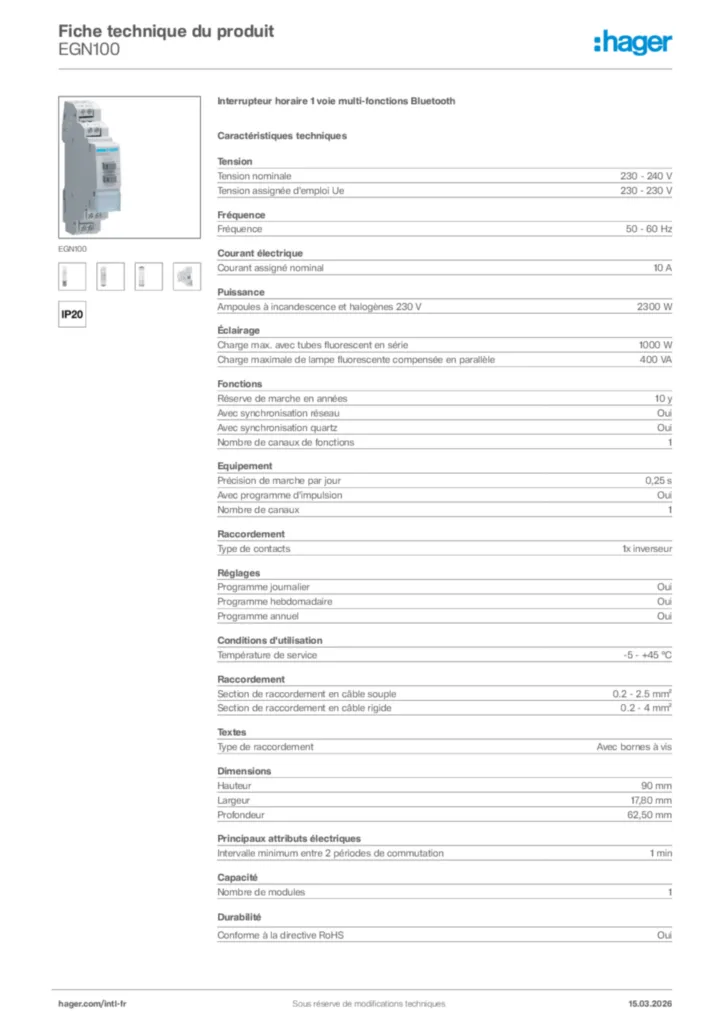 Image Hager Fiche technique du produit EGN100 | Hager Afrique