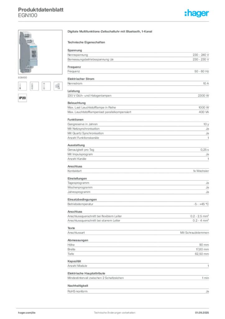 Bild Hager Produktdatenblatt EGN100 | Hager Deutschland