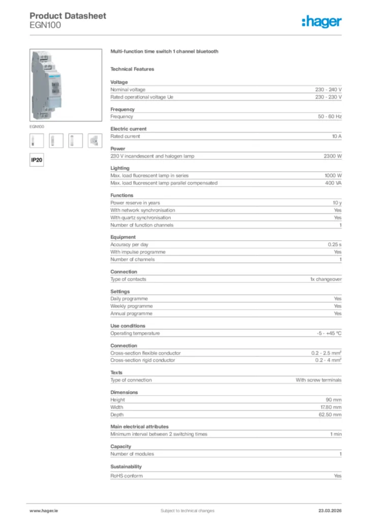 Image Hager Product data sheet EGN100  | Hager