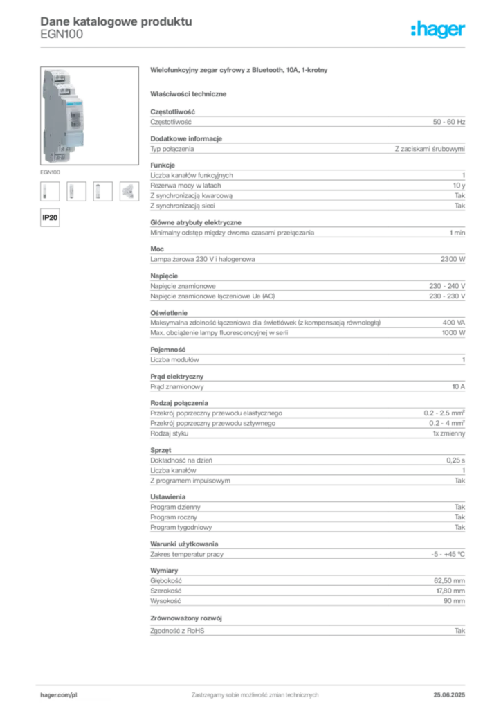 Zdjęcie Hager Dane katalogowe produktu EGN100 | Hager Polska