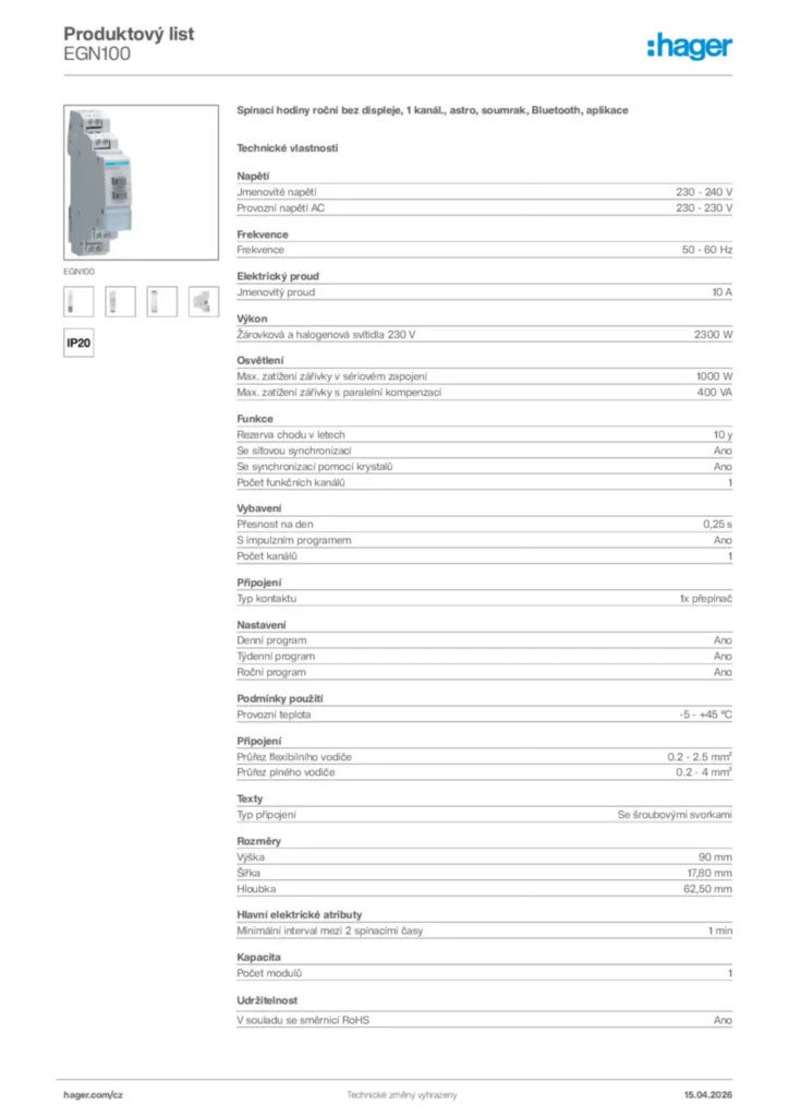 Obrázek Hager Product data sheet EGN100 | Hager