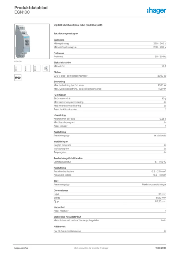 Bild Hager Produktdatablad EGN100 | Hager Sverige