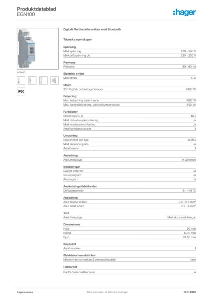 Bild Hager Product data sheet EGN100 | Hager Sverige