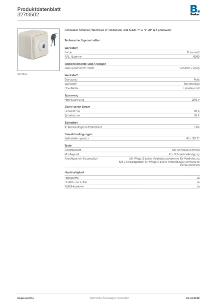Bild Berker Produktdatenblatt 32713502 | Hager Deutschland