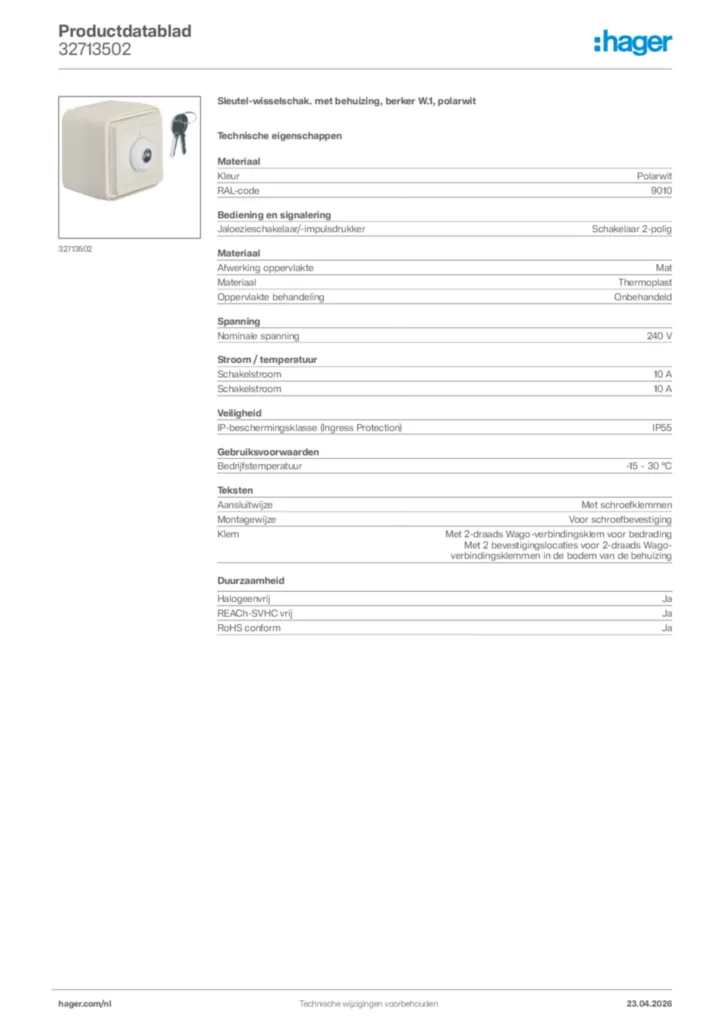 Afbeelding Hager Productdatablad 32713502 | Hager Nederland
